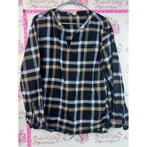 L.L. Bean shirt long sleeves Black navy brown Plaid Split-Neck Long-Sleeve Tunic